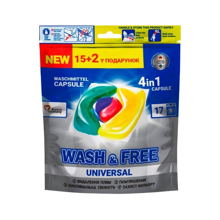WASH&FREE Kapsułki do prania UNIWERSALNE, 4w1 15+2 szt